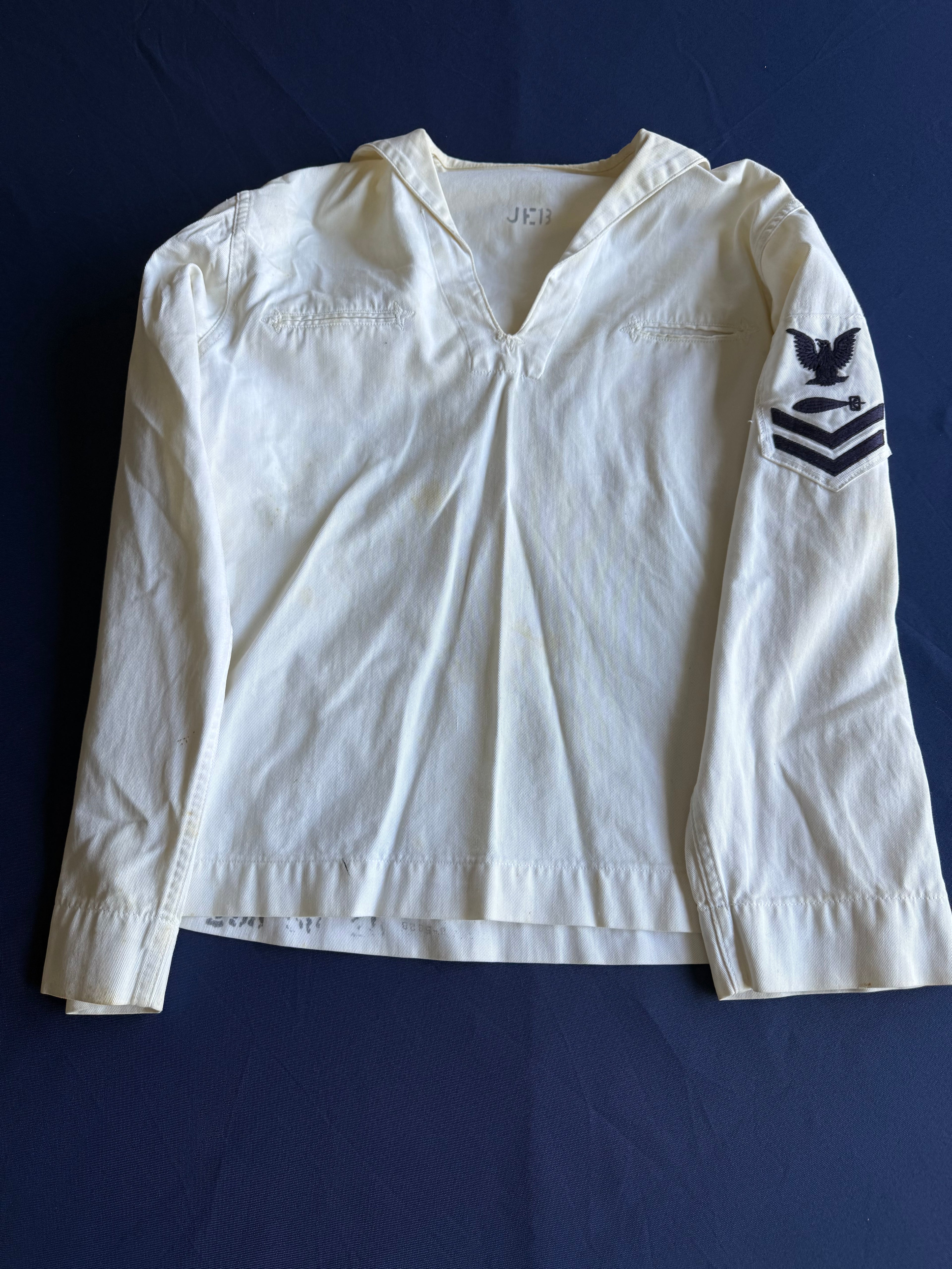 WWII U.S. Navy Torpedoman’s Mate White Jumper – Named J. E. Baird